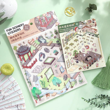 [Chinese Tranquil Courtyard] XL Series Isometric Scene Stickers - Cozy Sticker Room