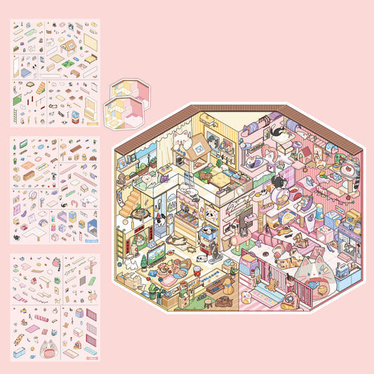 [Cat and Dog Diary] Interactive 2-in-1 Isometric Scene Stickers
