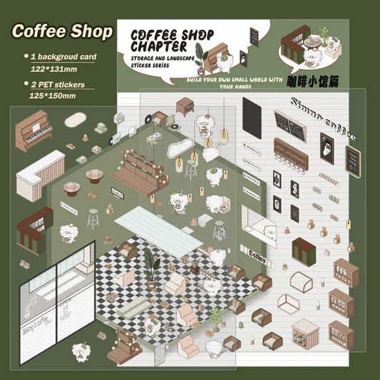 Isometric coffee shop scene sticker set with furniture, plants, and decor for building tiny worlds
