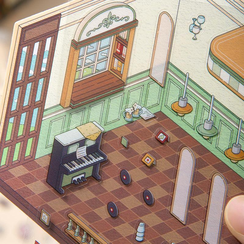 Isometric scene sticker of cozy room with piano, records, and vintage decor for DIY tiny world