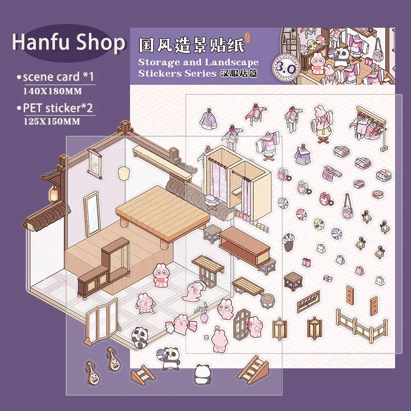 Isometric scene sticker set with Hanfu shop interior, furniture, and cute characters for 3D DIY decoration
