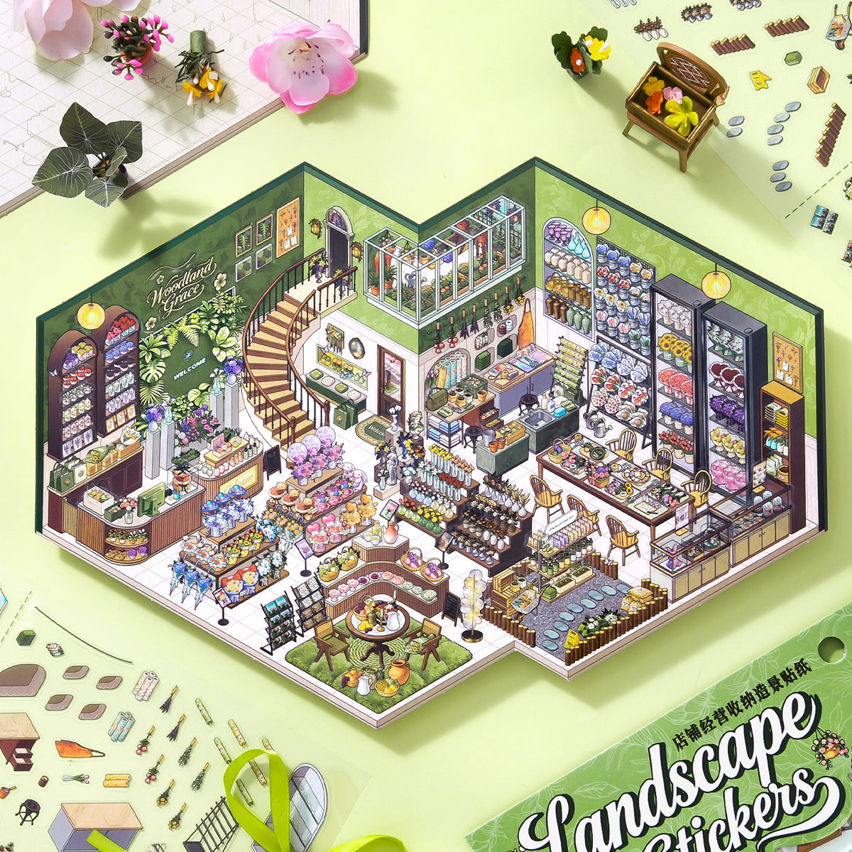 Detailed isometric scene sticker of a florist store interior with various products and decor on a green background