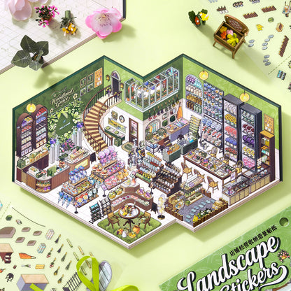 Detailed isometric scene sticker of a florist store interior with various products and decor on a green background