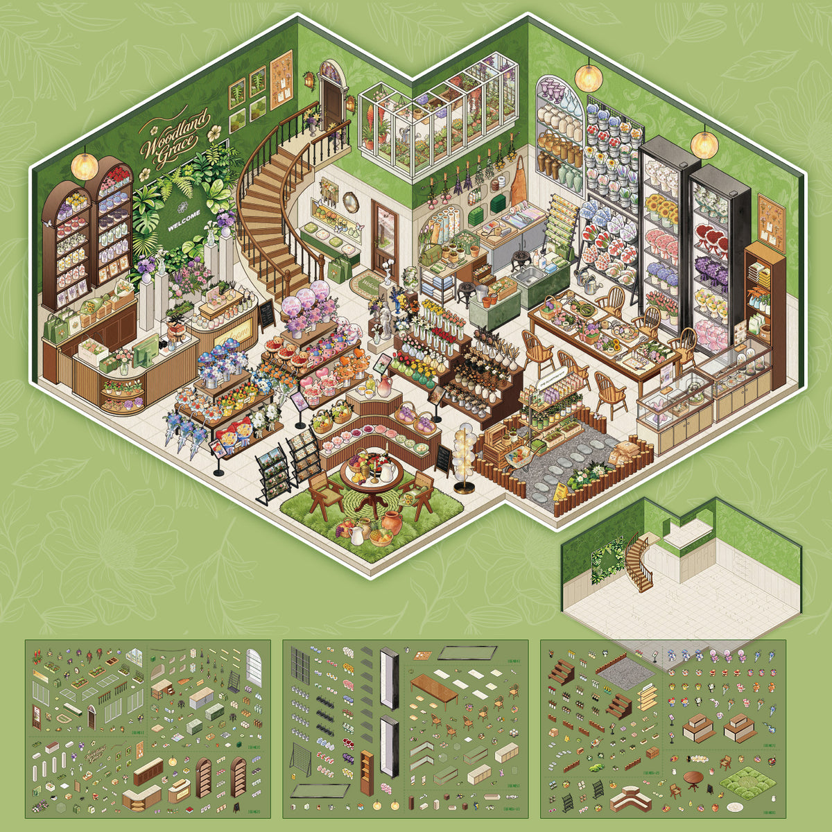 Isometric illustration of a detailed florist store interior with 3 PET sticker sheets and 1 background card.