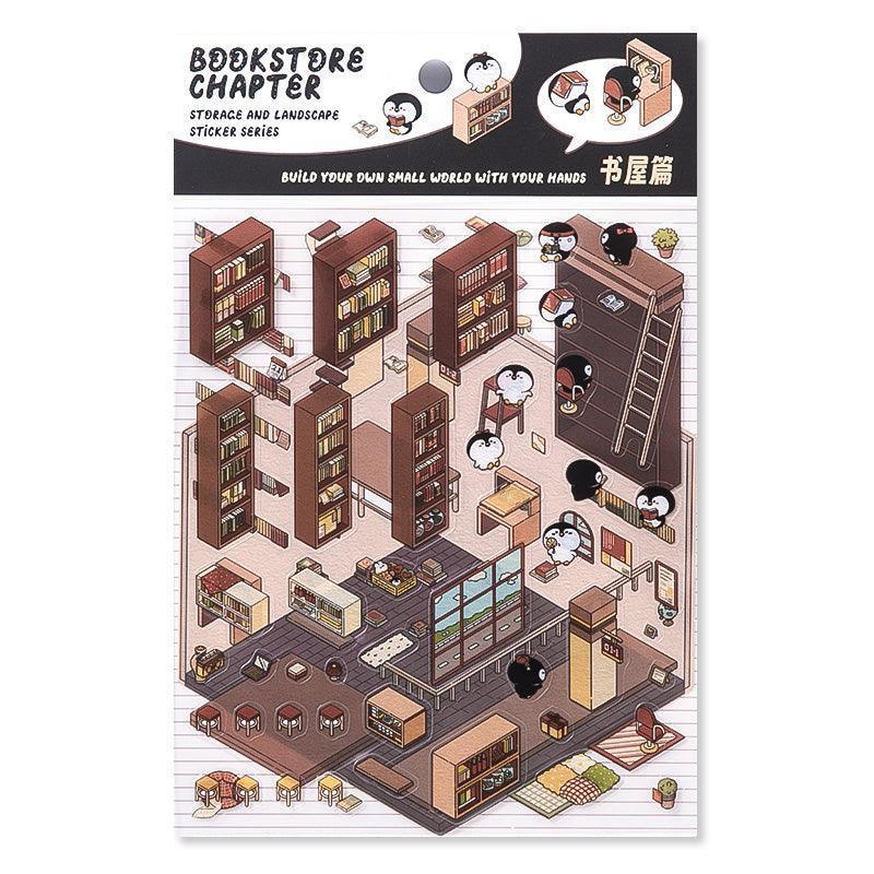Isometric bookstore scene sticker set with shelves, penguins, and cozy details for DIY tiny worlds