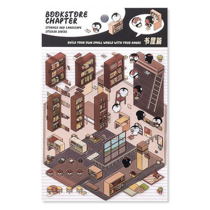 Isometric bookstore scene sticker set with shelves, penguins, and cozy details for DIY tiny worlds