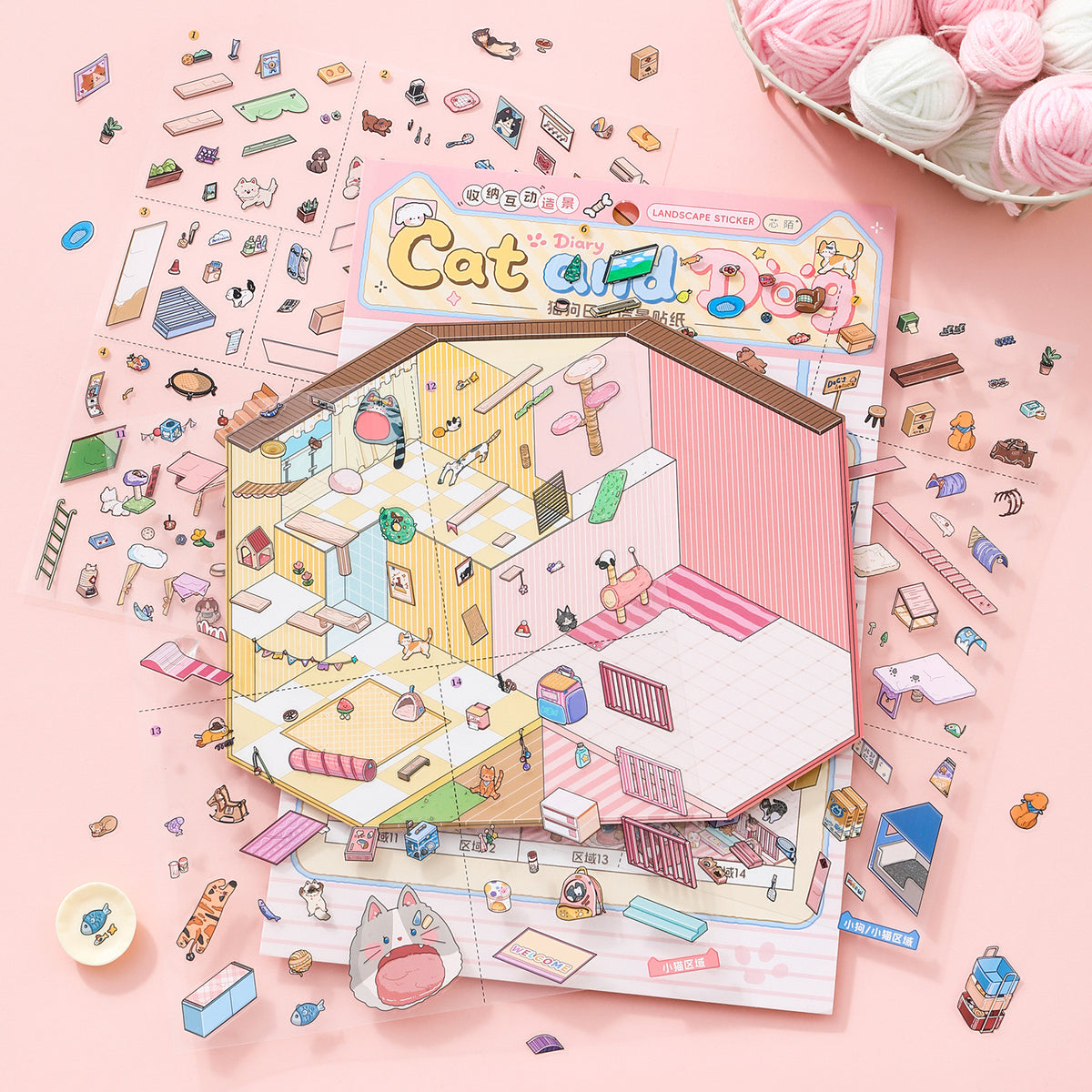 [Cat and Dog Diary] Interactive 2-in-1 Isometric Scene Stickers