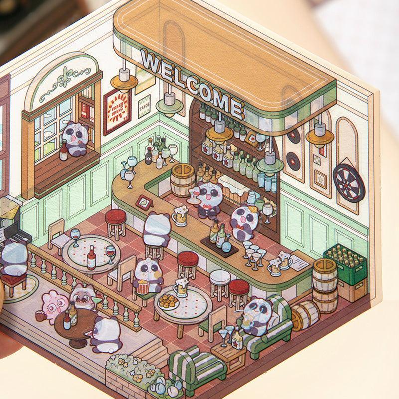 Cute panda characters in a cozy isometric bar scene sticker with 'WELCOME' sign and drinks