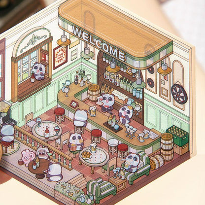 Cute panda characters in a cozy isometric bar scene sticker with 'WELCOME' sign and drinks