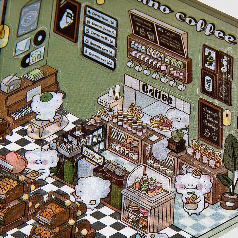 Cute isometric coffee shop scene sticker with fluffy characters, pastries, and checkered floor