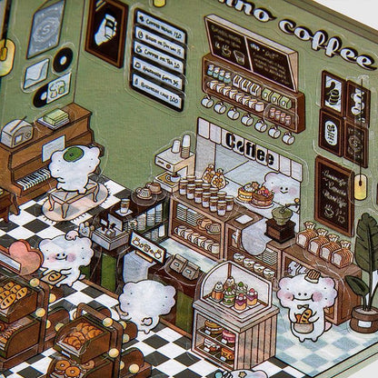 Cute isometric coffee shop scene sticker with fluffy characters, pastries, and checkered floor