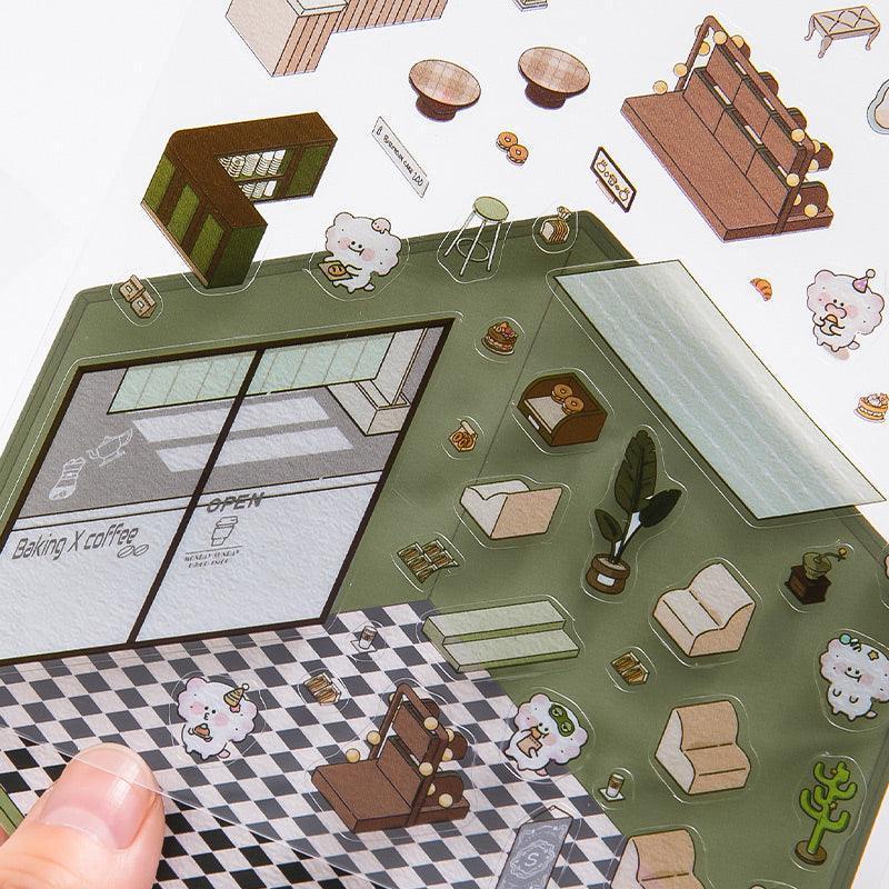 Isometric coffee shop scene sticker set with cozy furniture, checkered floor, and cute characters