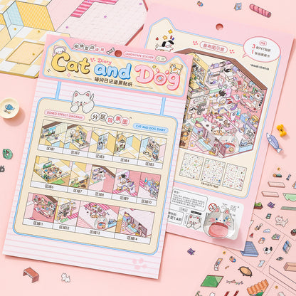 [Cat and Dog Diary] Interactive 2-in-1 Isometric Scene Stickers