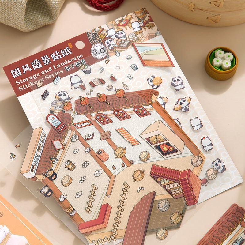 Isometric scene sticker set with pandas, dumplings, and traditional storage elements for cozy room decor