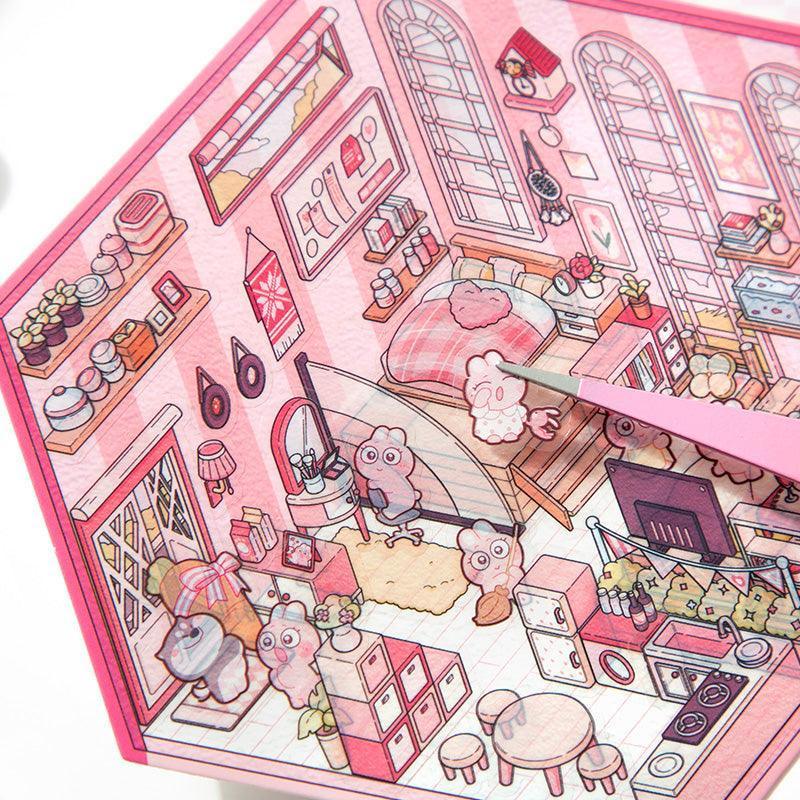 Pink isometric scene sticker with cozy room, cute characters, and detailed furniture for DIY tiny world