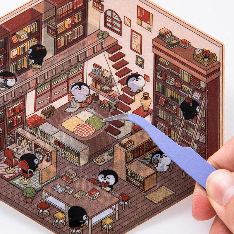 Isometric scene sticker of cozy penguin library with bookshelves, stairs, and tiny details for crafting 3D worlds