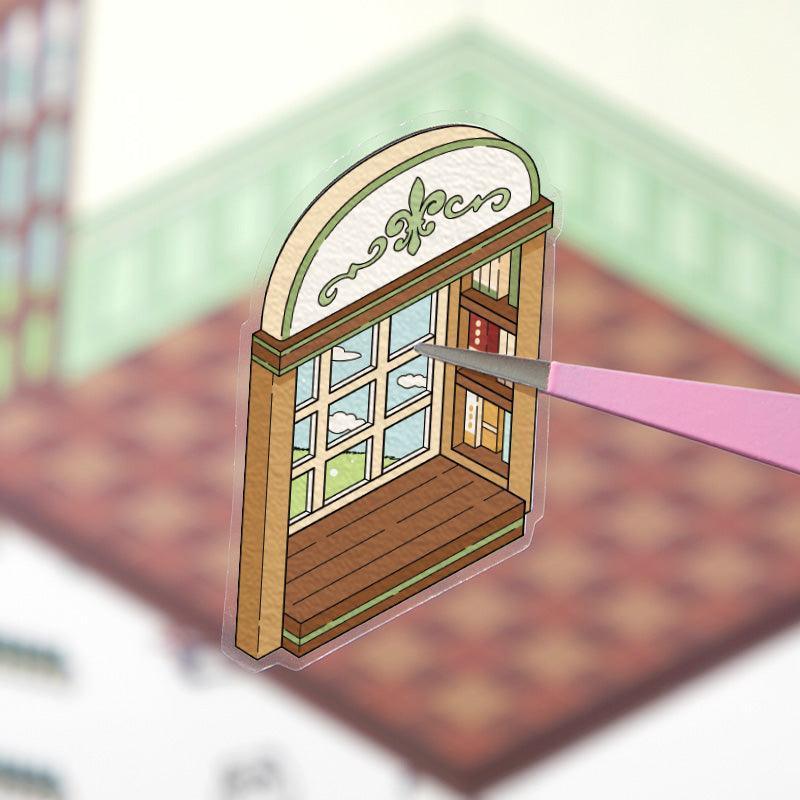 Isometric scene sticker of a cozy window nook with bookshelf, perfect for 3D sticker collections