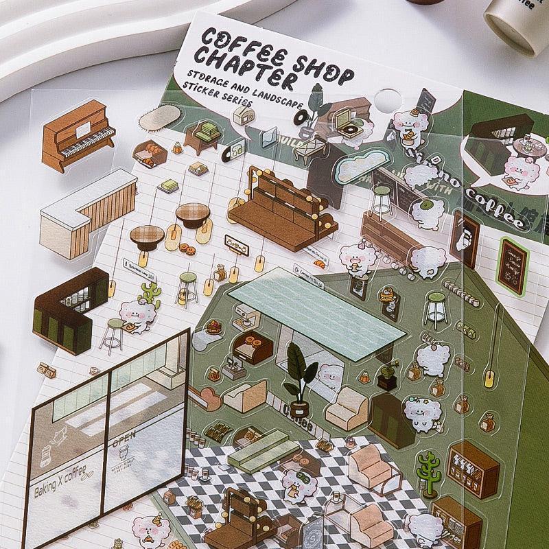 Coffee shop scene sticker set with isometric furniture, plants, and cute characters for DIY 3D room decor