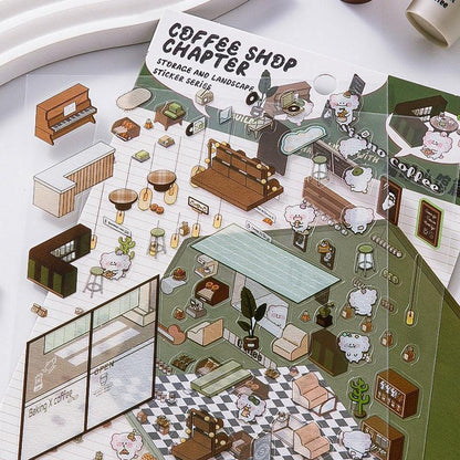 Coffee shop scene sticker set with isometric furniture, plants, and cute characters for DIY 3D room decor