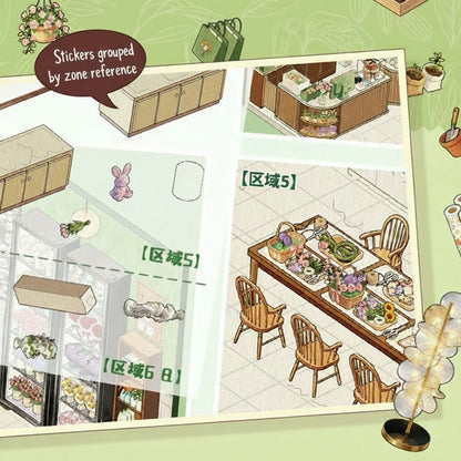 Illustrated floral studio with layout plan on a green background