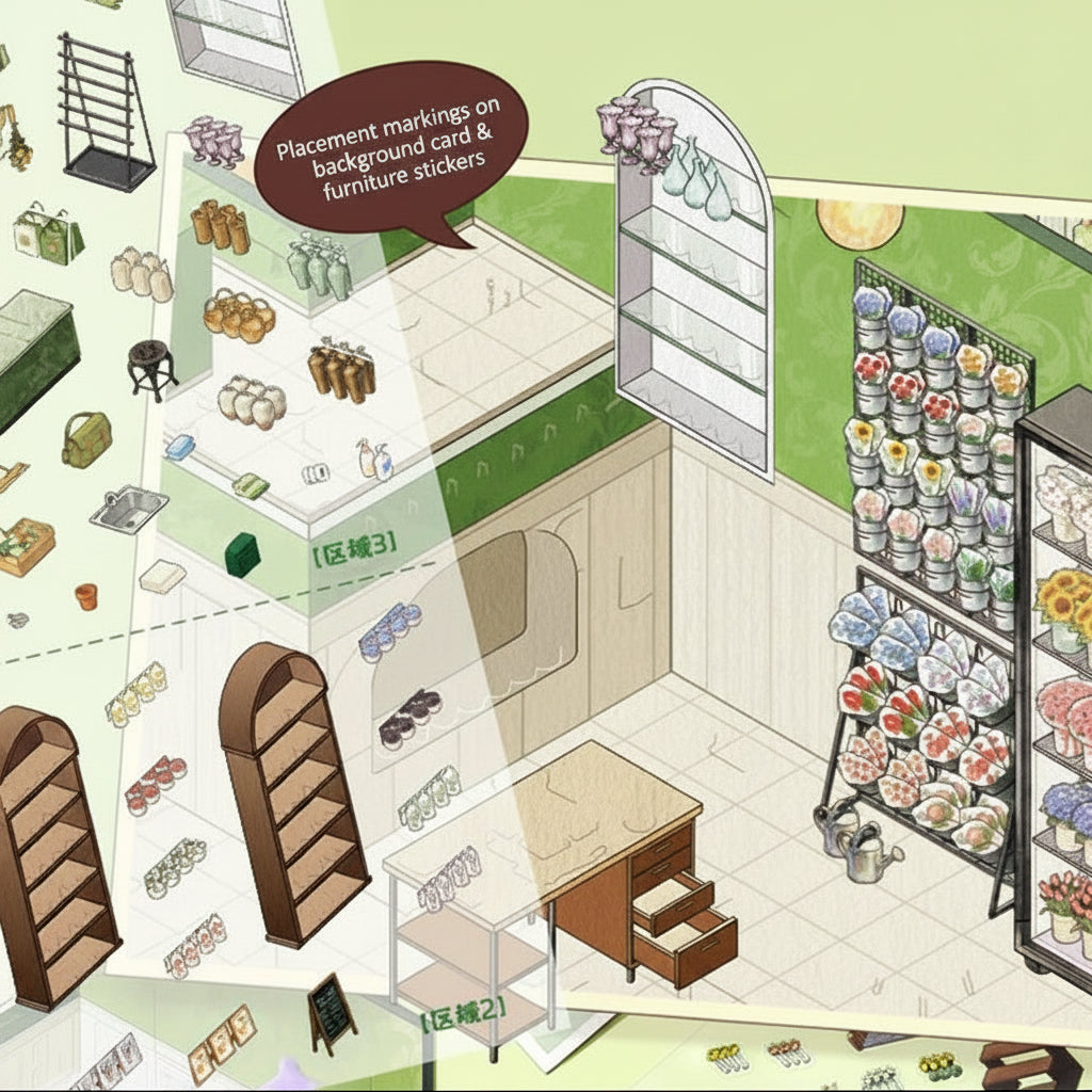 Image showing that there are markings on background card and furniture stickers to guide sticker placements
