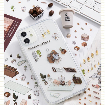 Cute isometric scene sticker set for phone, featuring coffee shop decor, plants, and cozy furniture details