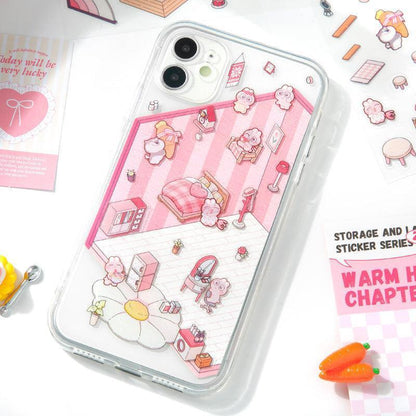 Pink isometric scene sticker set on phone case, featuring cozy room with cute characters and furniture