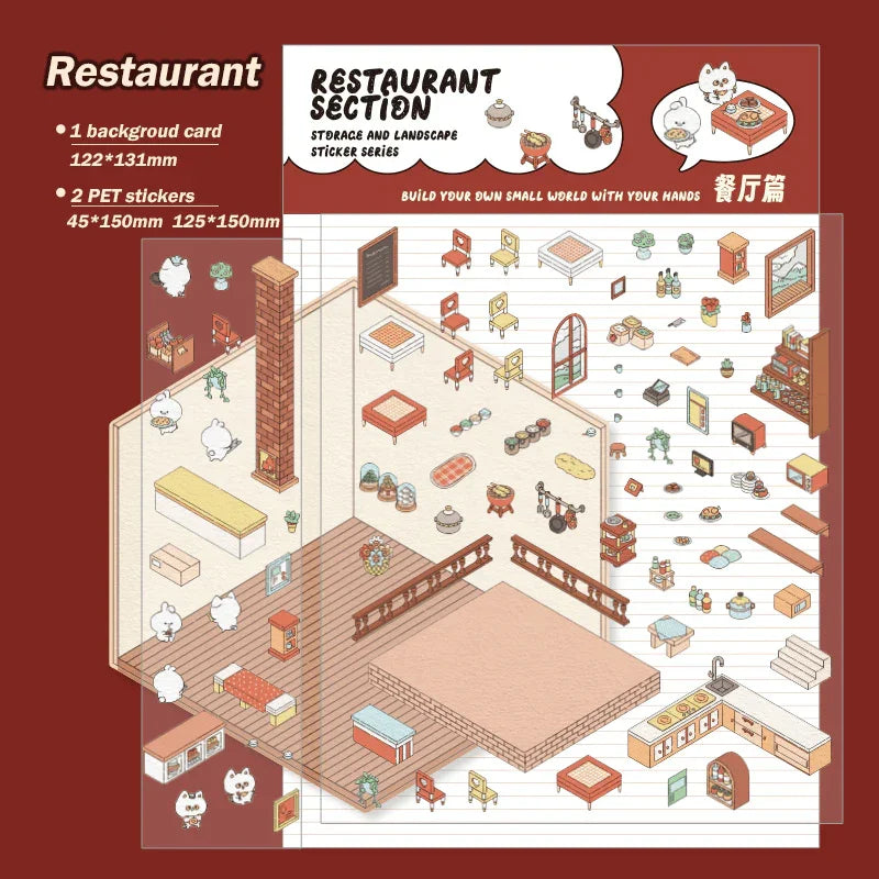 Isometric restaurant scene sticker set with furniture, food, and decor for building tiny worlds