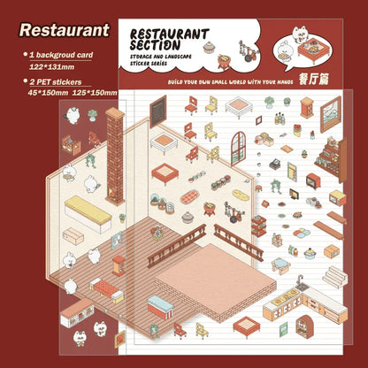 Isometric restaurant scene sticker set with furniture, food, and decor for building tiny worlds