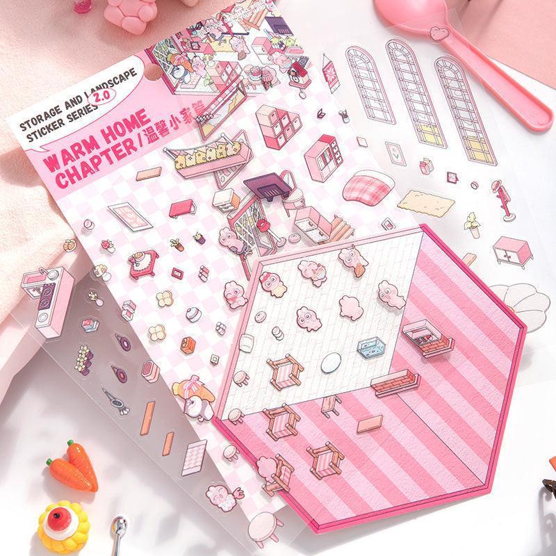 Pink isometric scene sticker set for cozy home decor, featuring tiny furniture and accessories