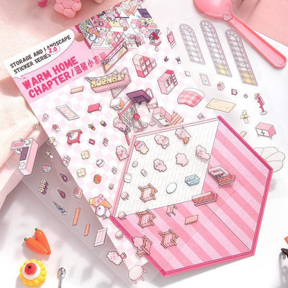 Pink isometric scene sticker set for cozy home decor, featuring tiny furniture and accessories