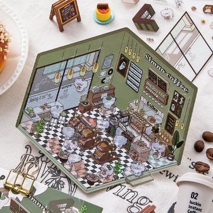 Isometric coffee shop scene sticker with checkered floor, pastries, and cozy café details
