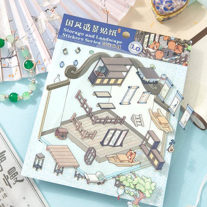 Isometric scene sticker set with traditional Chinese storage & landscape elements, perfect for crafting tiny worlds
