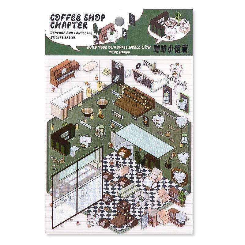 Isometric coffee shop scene sticker set with cozy furniture, checkered floors, and cute decor for DIY tiny worlds