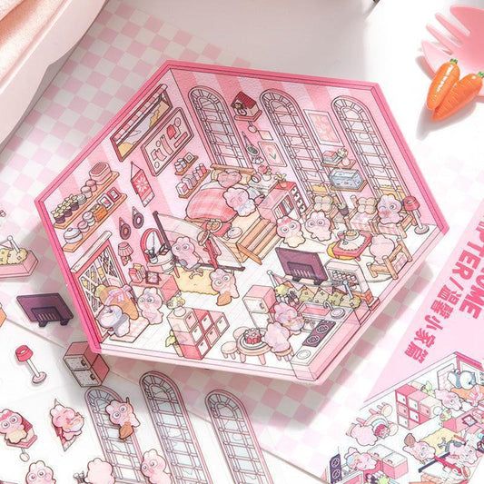 Pink isometric scene sticker set with cozy room details, perfect for crafting tiny worlds