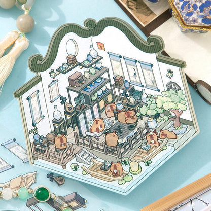 Isometric scene sticker of cozy tea room with hamsters, shelves, and garden, perfect for tiny world crafting.