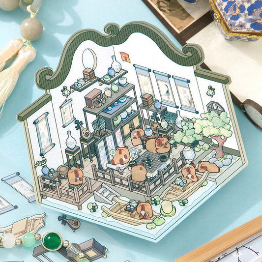 Isometric scene sticker of cozy tea room with hamsters, shelves, and garden, perfect for tiny world crafting.