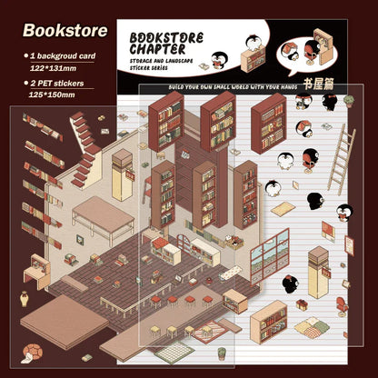 Isometric bookstore scene sticker set with shelves, penguins, and furniture for DIY 3D worlds