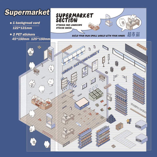 Isometric supermarket scene sticker set with shelves, checkout, and storage elements for DIY 3D dioramas