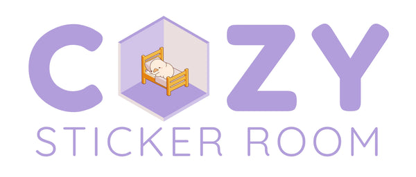 Cozy Sticker Room logo with isometric scene sticker of cute character sleeping in bed